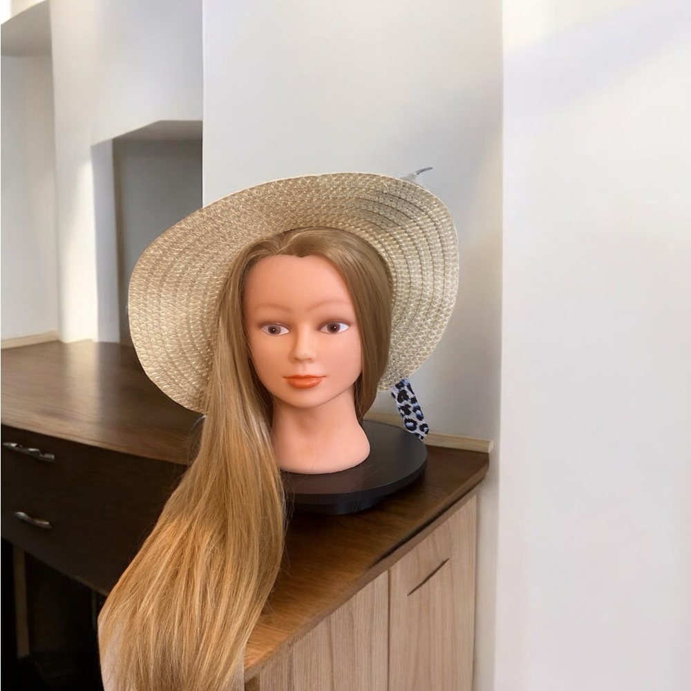 Trendy lightweight straw Sun hat w wide brim & black, blue & white printed bow